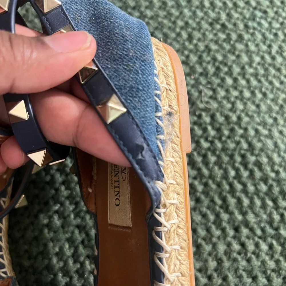 Valentino Garavani Blue Denim Rockstud Ankle Wrap Espadrilles